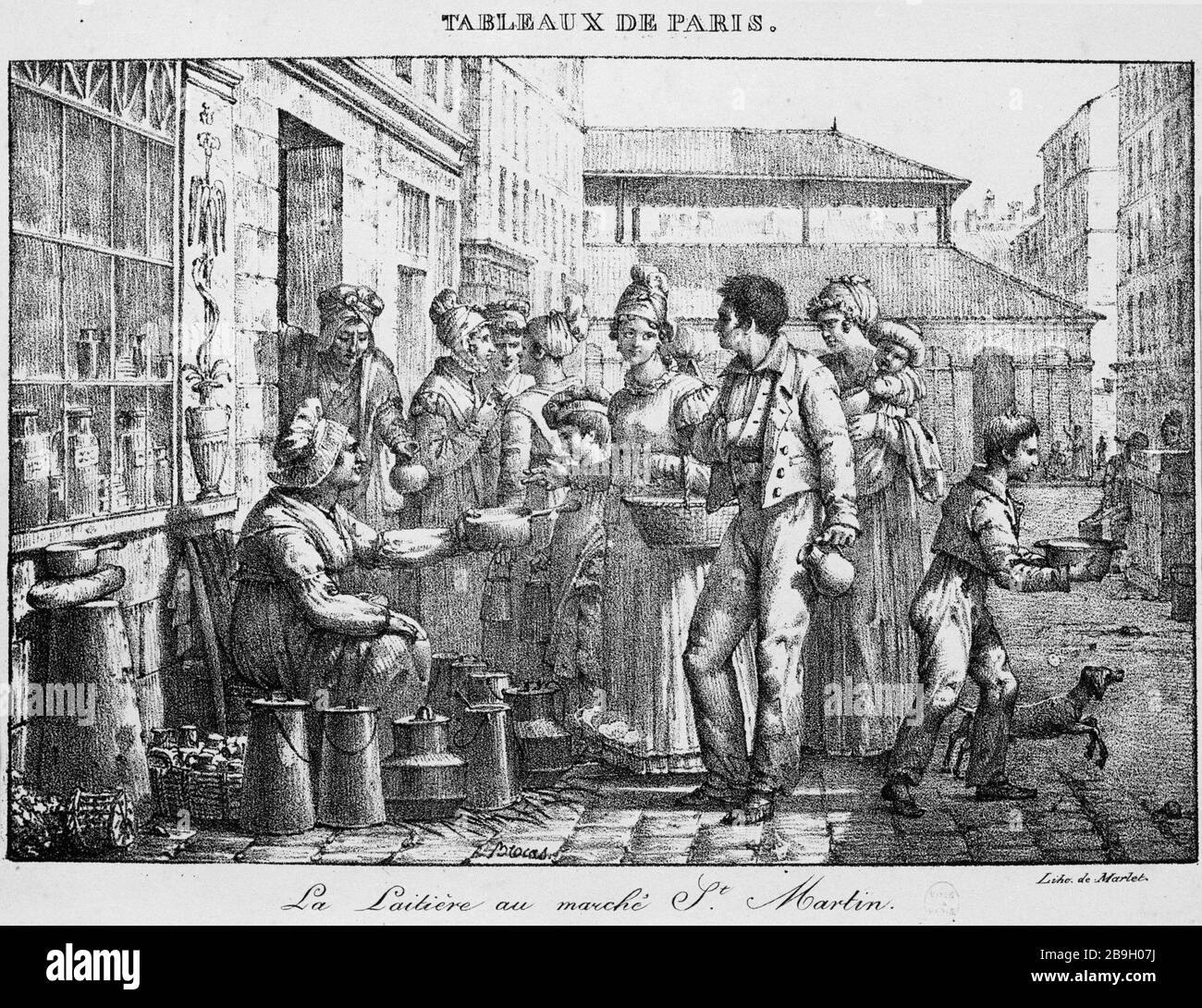 TISCHE PARIS - DER MILCHMARKT SAINT-MARTIN MARLET. "Tableaux de Paris: La laitière au marché Saint-Martin en 1823". Tiefdruck. Paris, musée Carnavalet. Stockfoto