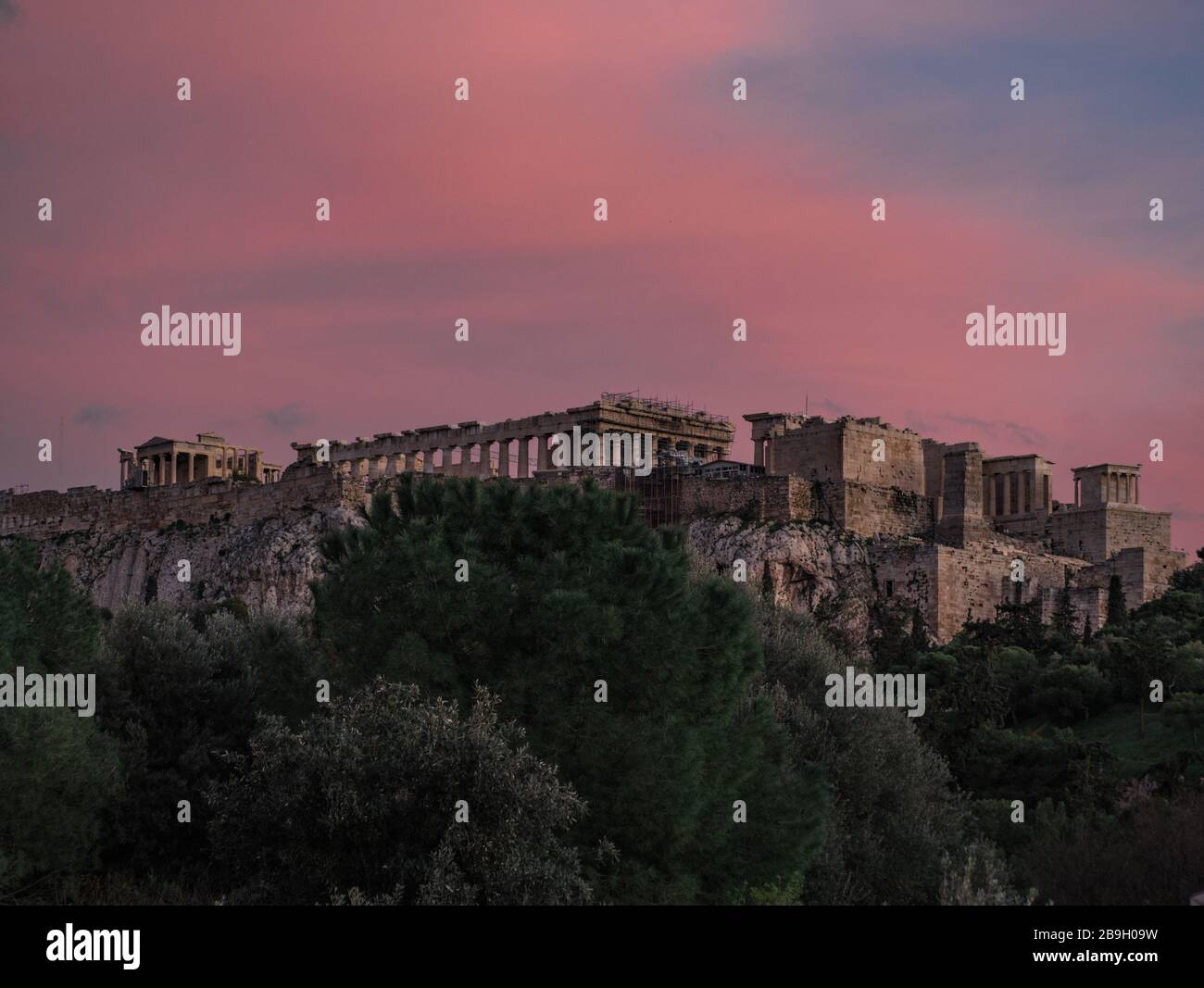 Athen Parthenon Fernblick Sonnenuntergang Stockfoto