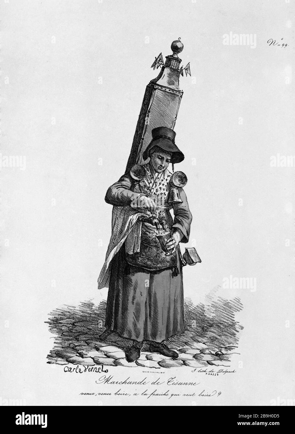 Kaufmannstisanne (Tee) Carle Vernet (1758-1834). "Armande de tisanne (tisane)". Tiefdruck. Paris, musée Carnavalet. Stockfoto