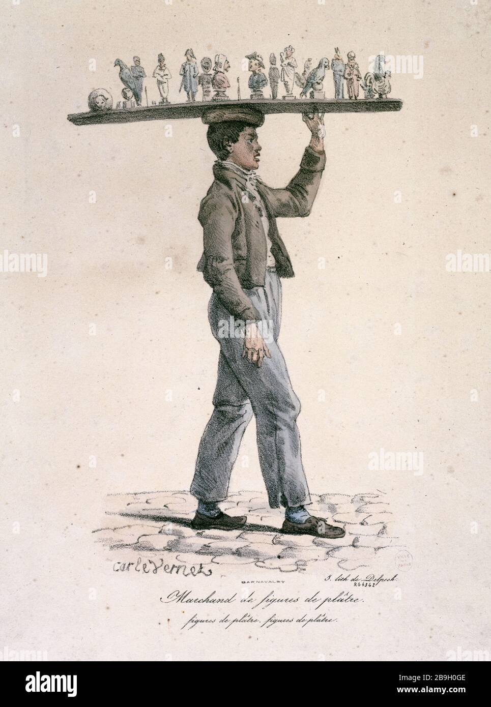 Putzfiguren Kauffrau Carle Vernet (1758-182). "Marchand de figures de plâtre". Tiefdruck. Paris, musée Carnavalet. Stockfoto