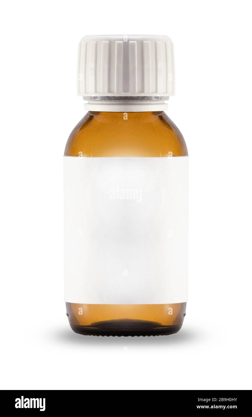 Arzneiflasche mit leerem Etikett isoliert auf weißem Hintergrund. Stockfoto