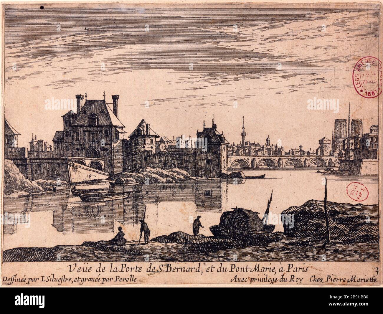 FÜR DIE TÜR DER Brücke ST BERNARD UND MARY IN PARIS Nicolas Perelle (1631-1695) / (d'après) Israel Silvestre (1621-1691). "Vue de la Porte de Saint-Bernard et du Pont Marie à Paris". Paris, musée Carnavalet. Stockfoto