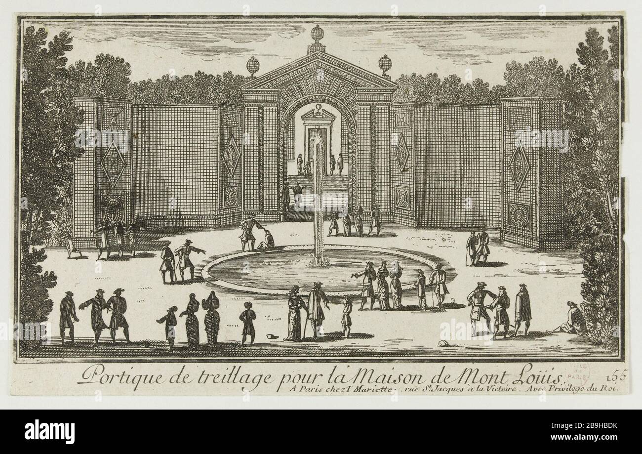 TRELLIS-PORTAL FÜR HAUS MONT-LOUIS Perelle/chez Mariette. "Portique de treillage pour la maison de Mont Louis". Paris, musée Carnavalet. Vers 1710. Eau-forte. Paris, musée Carnavalet. Stockfoto