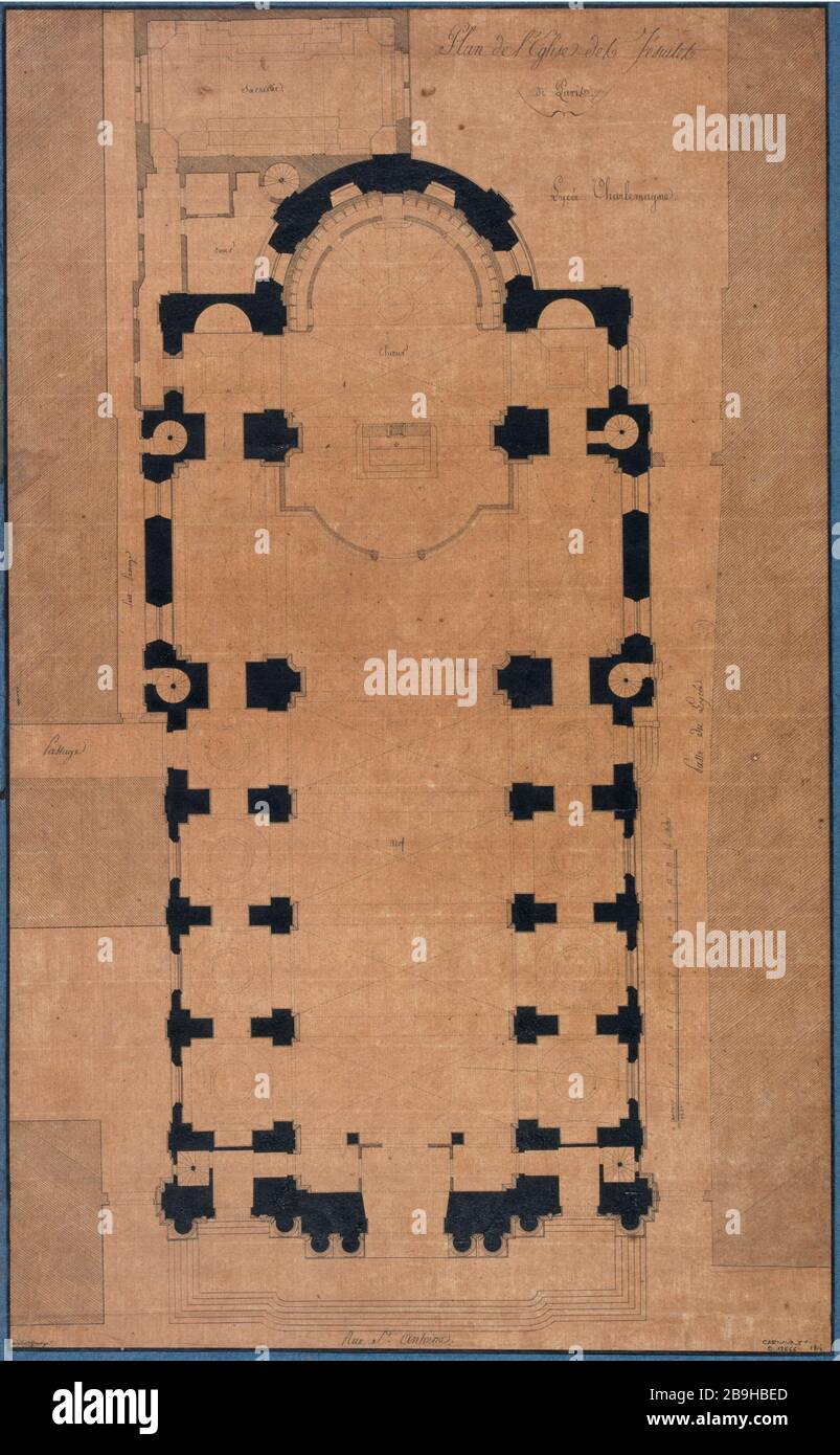 kirchenplan der Pariser Jesuiten (St Paul's Church-St Louis) Avrillet-Grange (fin XVIIIè-début XIXème siècle). "Plan de l'église des Jésuites à Paris (église St Paul-St Louis)". Plan de l'Eglise des Jésuites de Paris/Rue St Antoine. Plume lavis d'encre sur calque collé sur un Papier, 1814. Paris, musée Carnavalet. Stockfoto