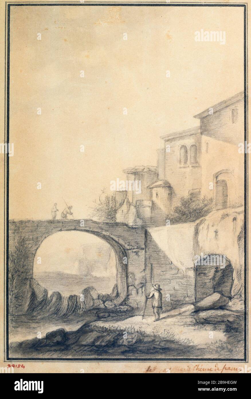 Landschaft mit einer Brücke auf der linken Seite Marie-Thérèse, duchesse d'Angoulême (née Marie-Thérèse de France) (1778-1851). Paysage avec un pont à gauche. Crayon noir et lavis, 1801-1825. Paris, musée Carnavalet. Stockfoto