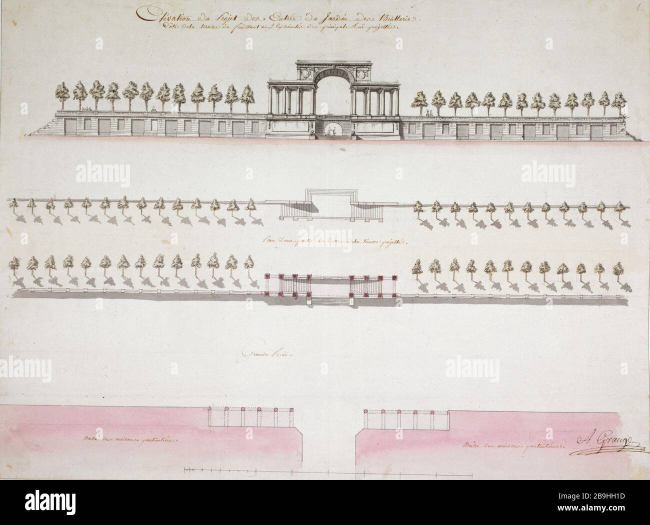 Höhe des Projekts vom Eingang der Tuileries Gardens Avrillet-Grange (fin XVIIIè-début XIXème siècle). "Elévation du projet de l'entrée du jardin des Tuileries, côté de la Terrasse du feuillant". Aquarelle, Plume et lavis. FIN XVIIIème siècle. Paris, musée Carnavalet. Stockfoto