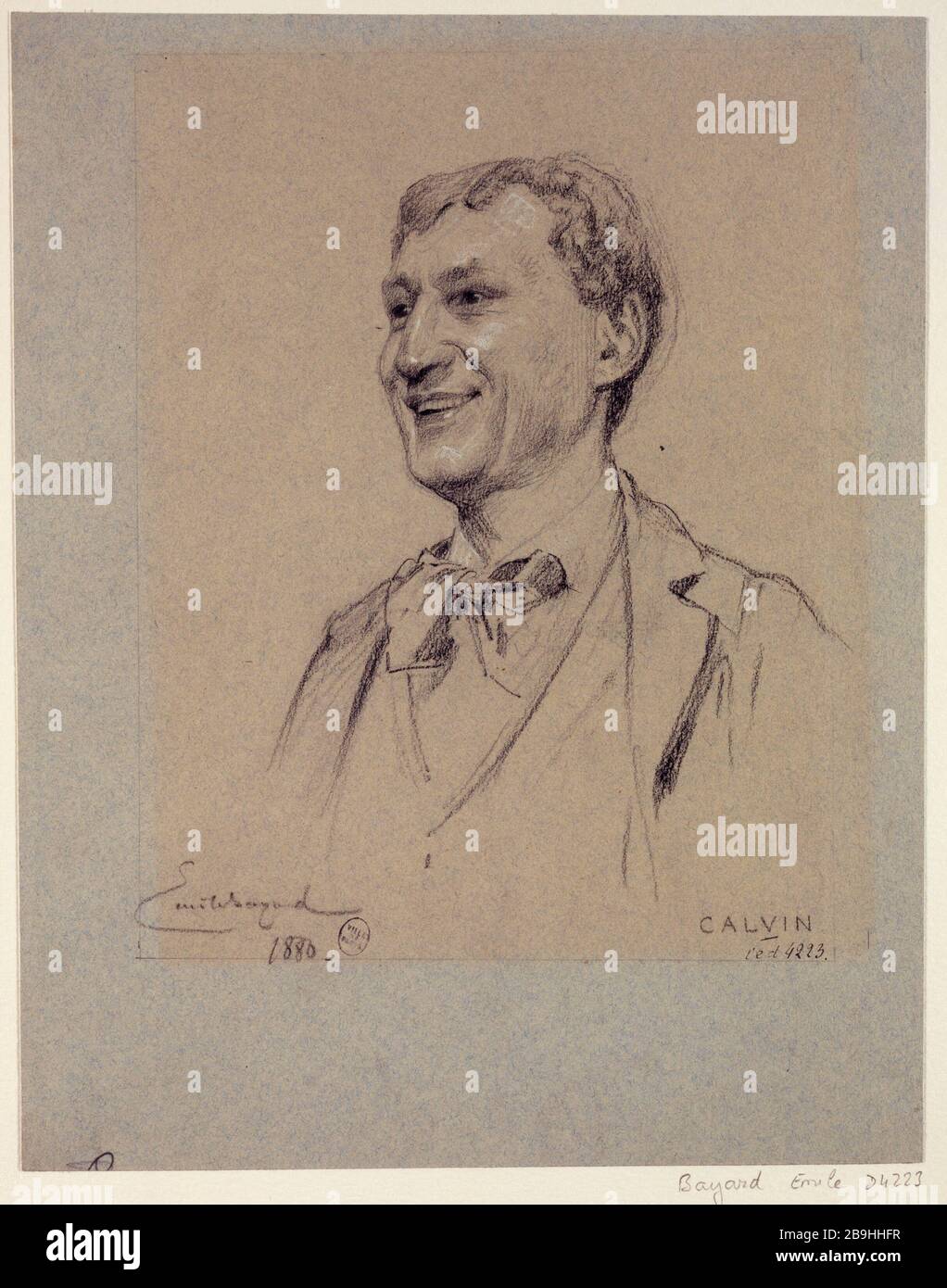 Porträt von Calvin, Schauspieler aus dem Königspalast. Emile-Antoine Bayard (1837-1891). Portrait de Calvin, acteur du Palais Royal. 1880. Crayon noir rehaussé de gouache blanche sur papier blauté chiné. Paris, musée Carnavalet. Stockfoto