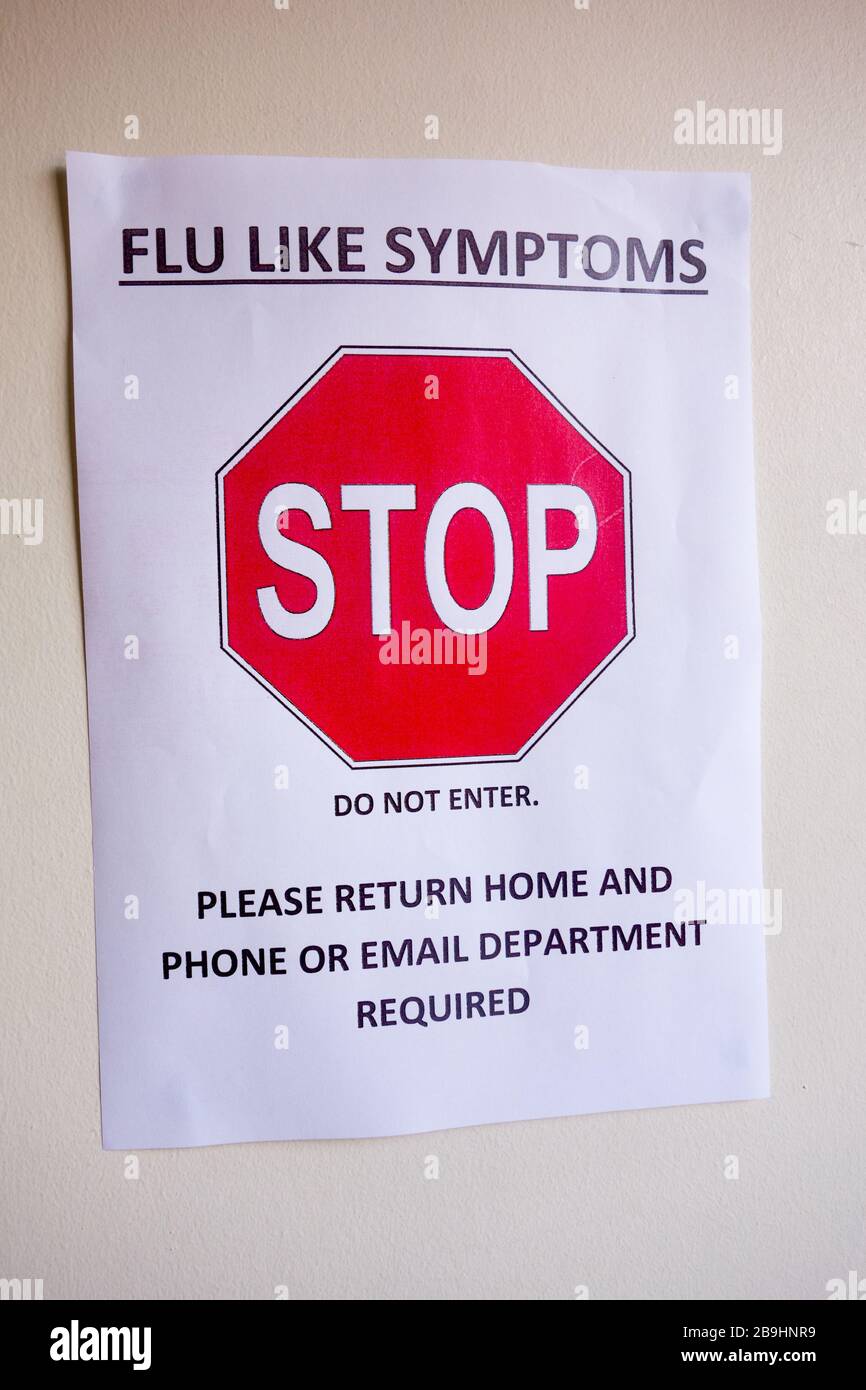 Ein Warnschild für den Corona-Virus in einer Arztoperation, die die Ausbreitung der Covid 19-Pandemie in Glasgow, Schottland, Großbritannien und Europa stoppen soll Stockfoto
