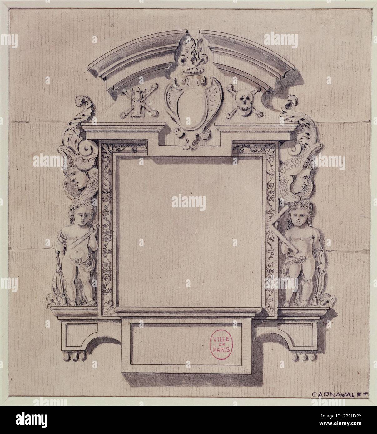 KIRCHE SAINT-BENOIT DEMOLIE - DENKMAL AUF DER SPITZE DER KAPELLE DER TOTEN BOURLA. "Eglise Saint-Benoît démolie - Monument au-dessus de la chapelle des Morts". Dessin. Paris, musée Carnavalet. Stockfoto