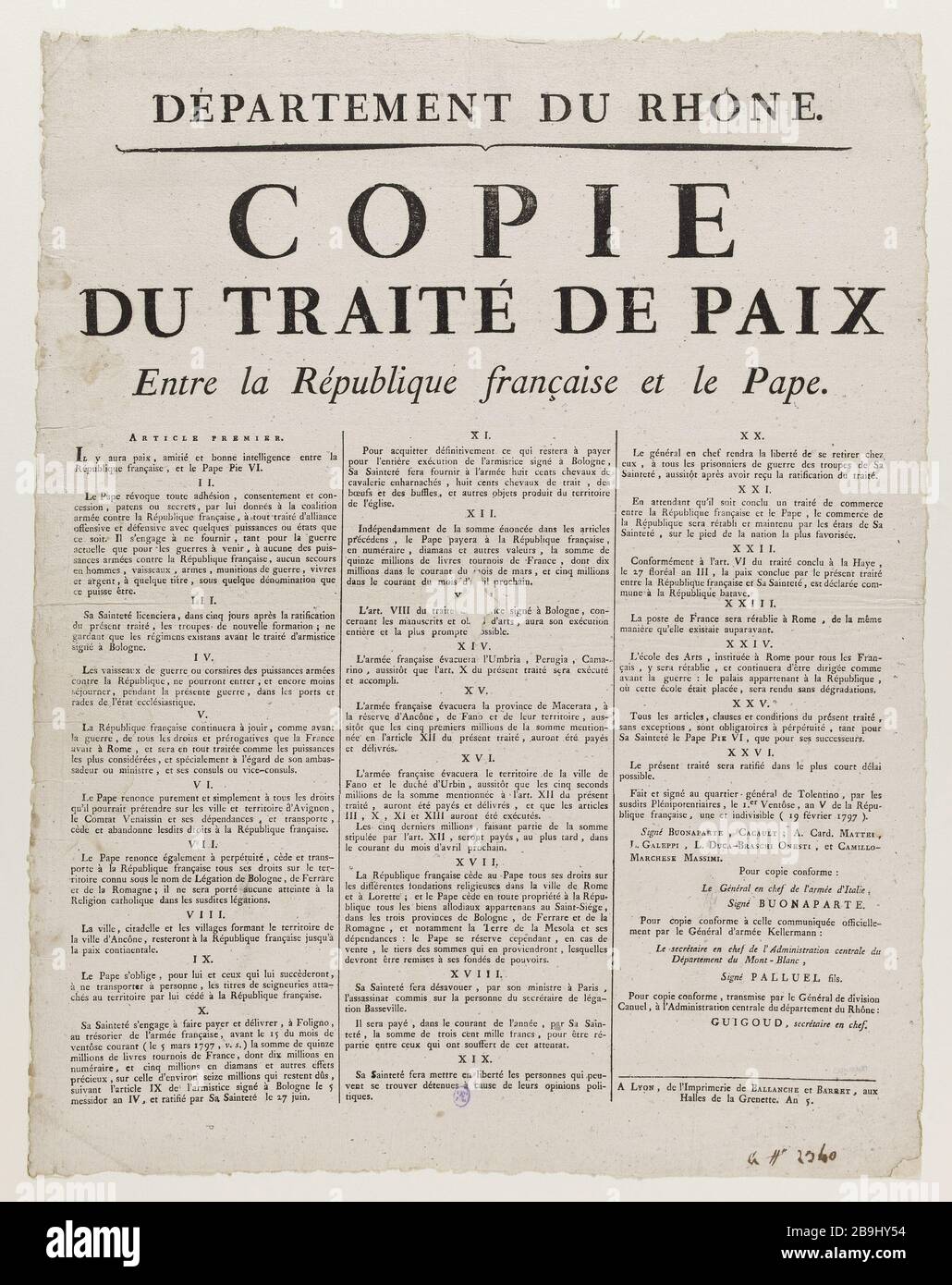KOPIE DES FRIEDENSVERTRAGES ZWISCHEN DER FRANZÖSISCHEN REPUBLIK UND DEM PAPST ANONYME. "Copie du Traité de Paix entre la République Française et le Pape". Typographie. 1796. Paris, musée Carnavalet. Stockfoto KOPIE DES FRIEDENSVERTRAGES ZWISCHEN DER FRANZÖSISCHEN REPUBLIK UND DEM PAPST ANONYME. "Copie du Traité de Paix entre la République Française et le Pape". Typographie. 1796. Paris, musée Carnavalet. Stockfoto