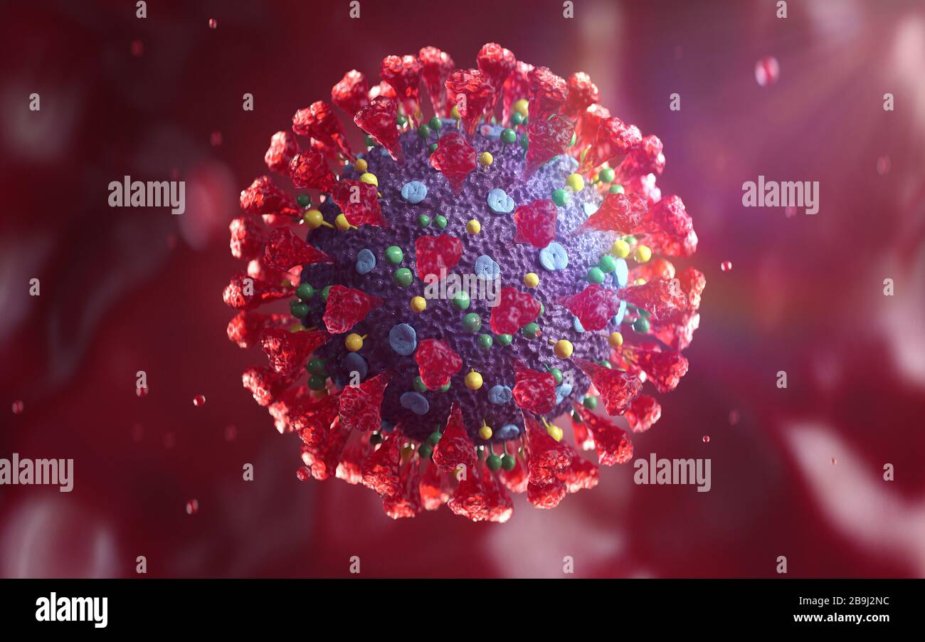 Mikroskopische Ansicht von Coronavirus COVID-19. Erregervirus Atemcoronavirus 2019-ncov Grippeausbruch. Medizinische 3D-Abbildung. 3D-Rendering. Stockfoto