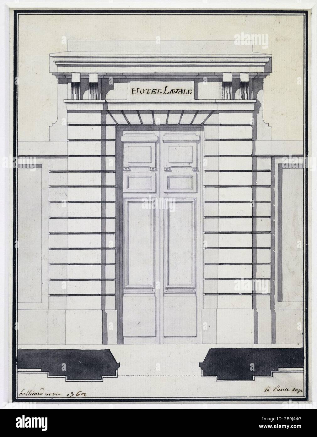 Erhöhung und Planung der Tür des Laval Hotels Jérôme-Charles Bellicard (1726-1786). "Elévation et Plan de la porte de l'hôtel de Laval". Pflaume, Lavis, 1762. Paris, musée Carnavalet. Stockfoto