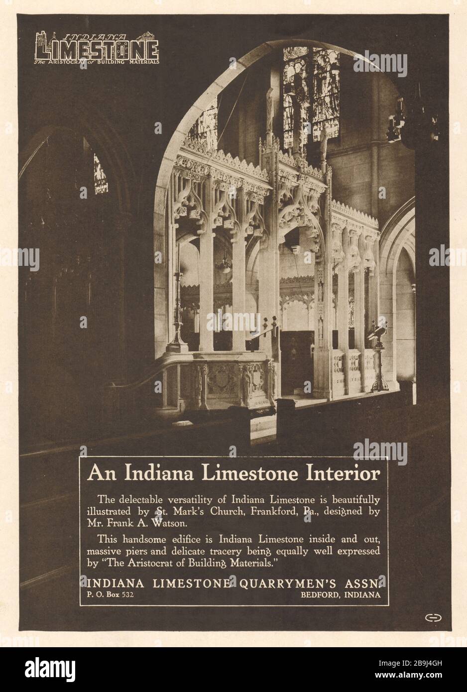 St. Mark's Church, Frankford, Pennsylvania. Indiana Limestone Quarrymen's Assn. PO Box 532, Bedford, Indiana (1919) Stockfoto