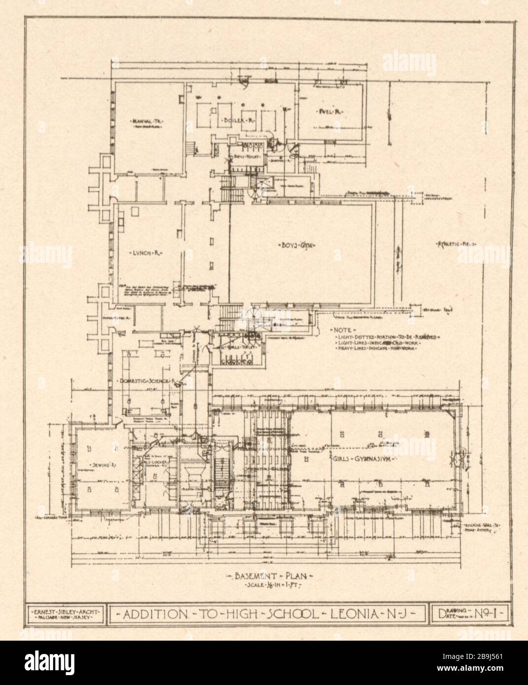 High School, Leonia, New Jersey. Zusätzlich zur High School, Leonia, New Jersey, Zeichnung Nr. 1. Ernest Sibiley, Architekt (1919) Stockfoto