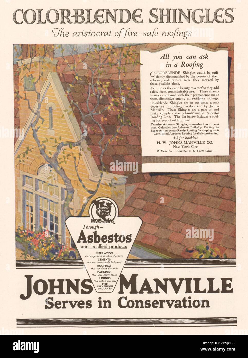 Farbliche Schindeln, feuersichere Dacheindeckungen. H.W. Johns-Manville Co., New York City, 10 Fabriken - Niederlassungen in 63 Großstädten (1919) Stockfoto