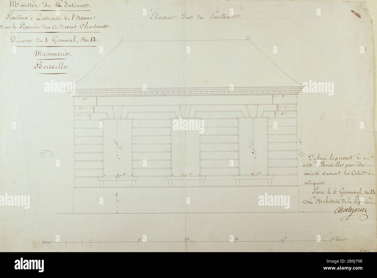 PAVILLON FÜR DEN HAUSMEISTER DER GÄRTNEREI VON CHARTREUX JEAN-FRANÇOIS CHALGRIN (1739-1811). "Pavillon pour le Concierge de la pépinière des Chartreux, 1804". Dessin. Paris, musée Carnavalet. Stockfoto