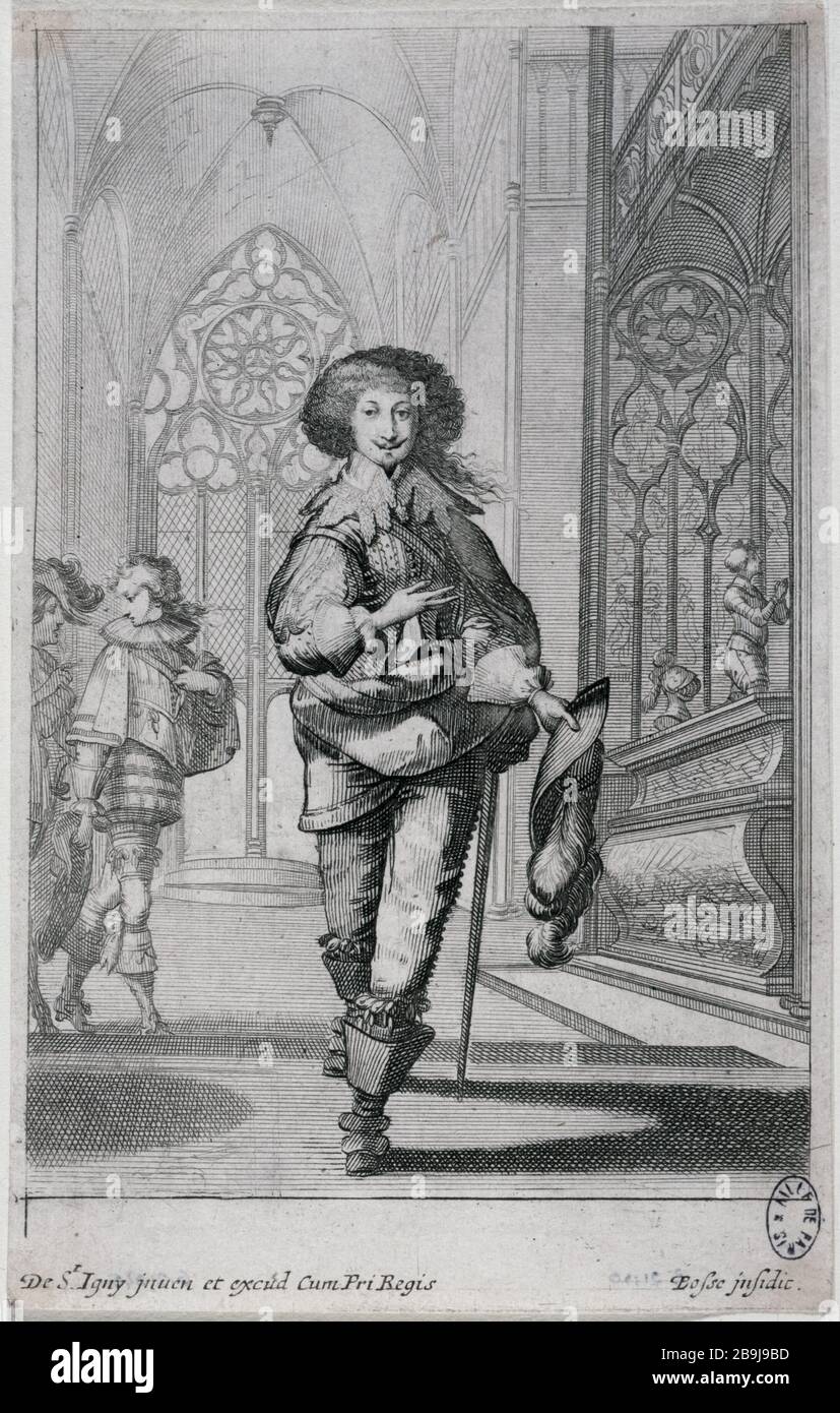 DER MANN STEHT UND ZEIGT DER KIRCHE ABRAHAM BOSSE (1602-1676) EIN FINGERGRAFT AUF DER GRUNDLAGE VON EDLEN FRANZOSEN. "Homme debout, montrant un tombeau du doigt", tiré de 'La Noblesse française à l'église". Paris, musée Carnavalet. Stockfoto