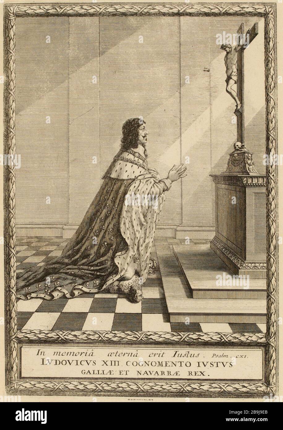 Der Speicher ist gerecht. Sir. 111. LVDOVICVS 13 IVSTVS hat den Spitznamen "König von Frankreich und Navarra". (Liter Kuvertiersystem) - St. Louis 13 a genoux devant un Kruzifix (Liter Factice) Stockfoto
