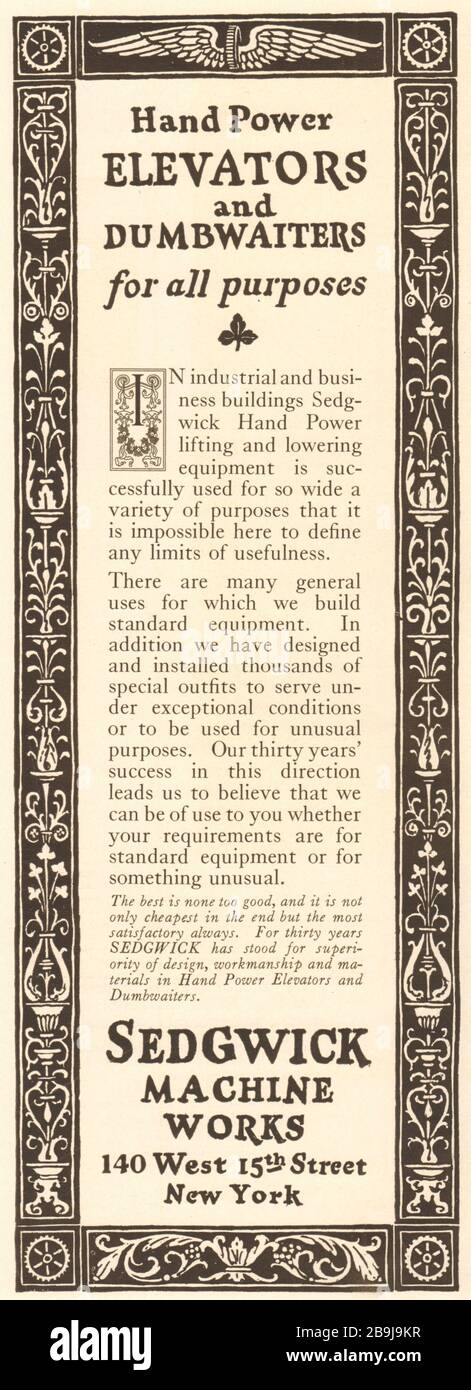 Hand-Aufzüge und Handabröler für alle Zwecke. Sedgwick Machine Works, 140 West 15th Street, New York (1922) Stockfoto