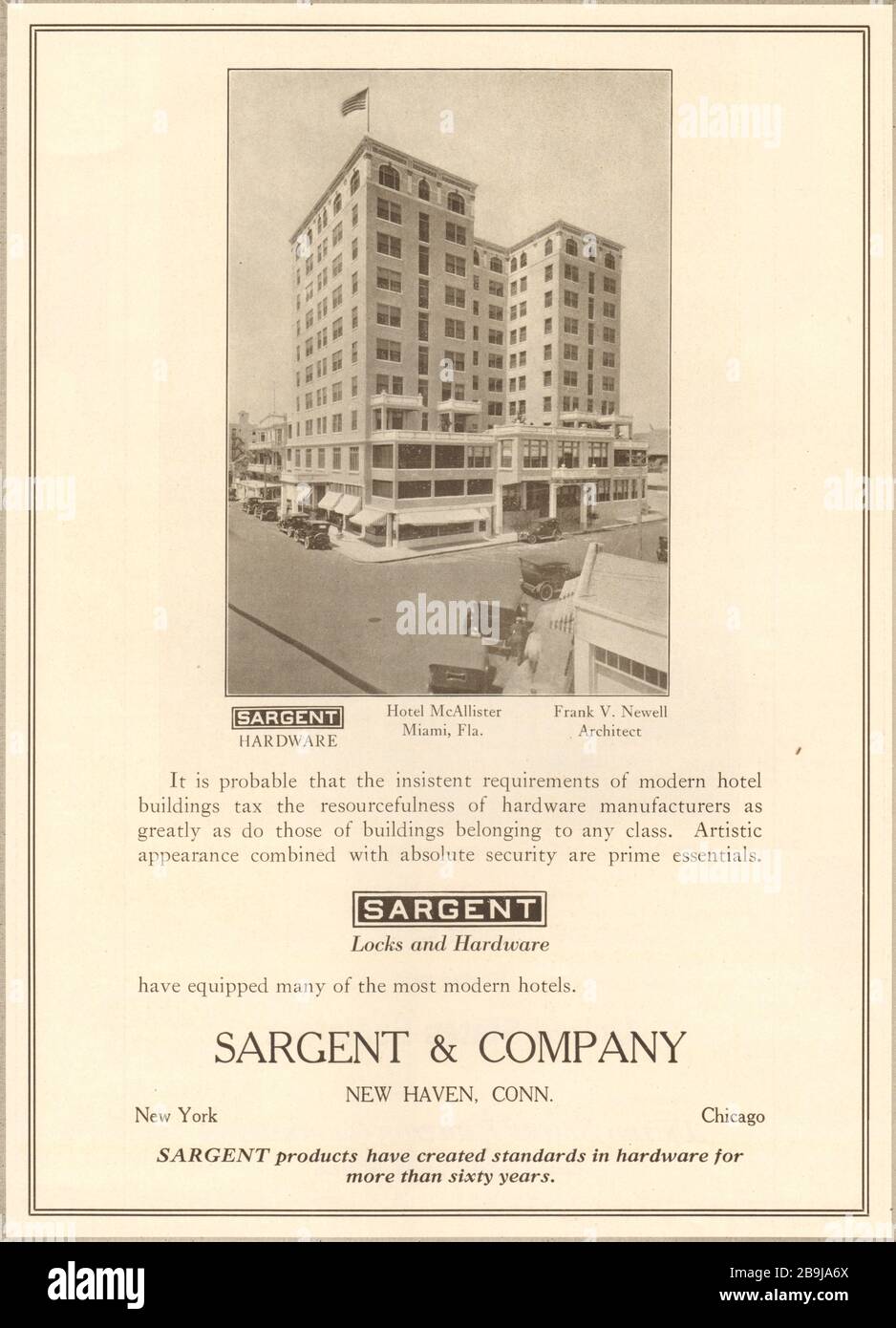 Sargent, Locks & Hardware. Hotel McAllister, Miami, Florida. Frank V. Newell, Architekt. Sargent & Company, New Haven, Connecticut (1922) Stockfoto