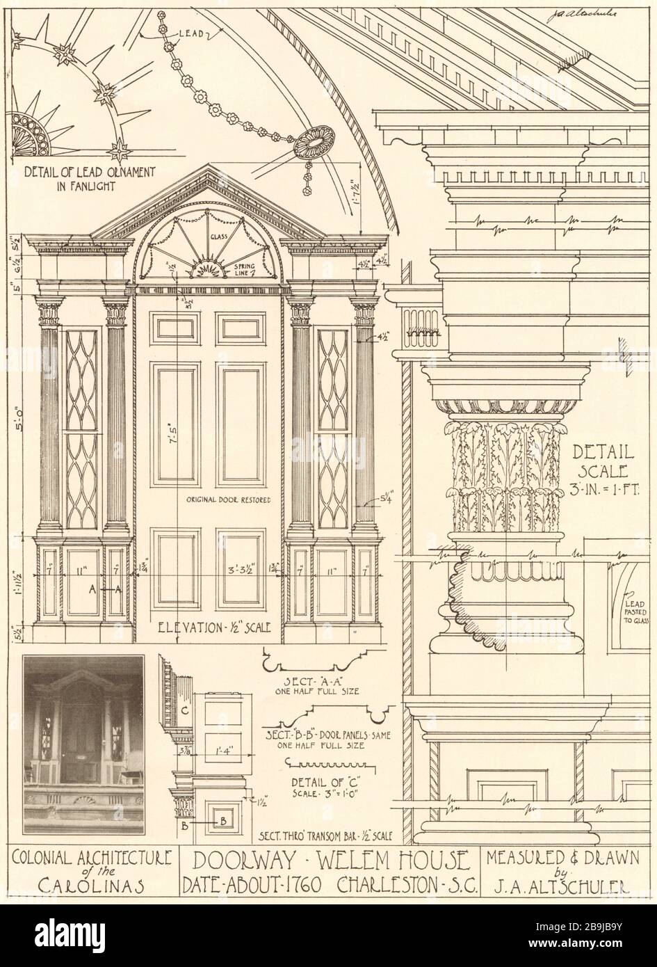 Doorway, Welem House, Datum ca. um das Jahr 660, Charleston, South Carolina. Kolonialarchitektur der Carolinas. Measure & Drawn by J.A. Altschuler (1922) Stockfoto