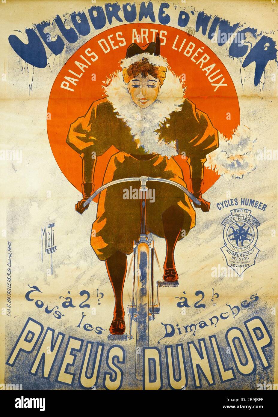 VELODROM WINTER, PALAST DER LIBERALEN KÜNSTE Ferdinand Mifliez, dit Misti (1865-1923). Imprimerie G. Bataille. Vélodrome d'Hiver, Palais des Arts Libéraux. Affiche. Lithographie couleur, vers. Paris, musée Carnavalet. Stockfoto