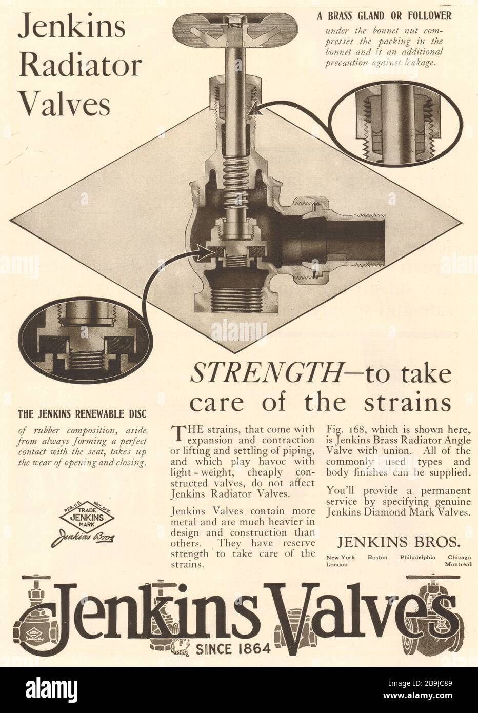 Jenkins Ventile. Stärke - zur Pflege der Dehnungen. Jenkins Bros. New York, Boston, Philadelphia, Chicago, London, Montreal (1922) Stockfoto