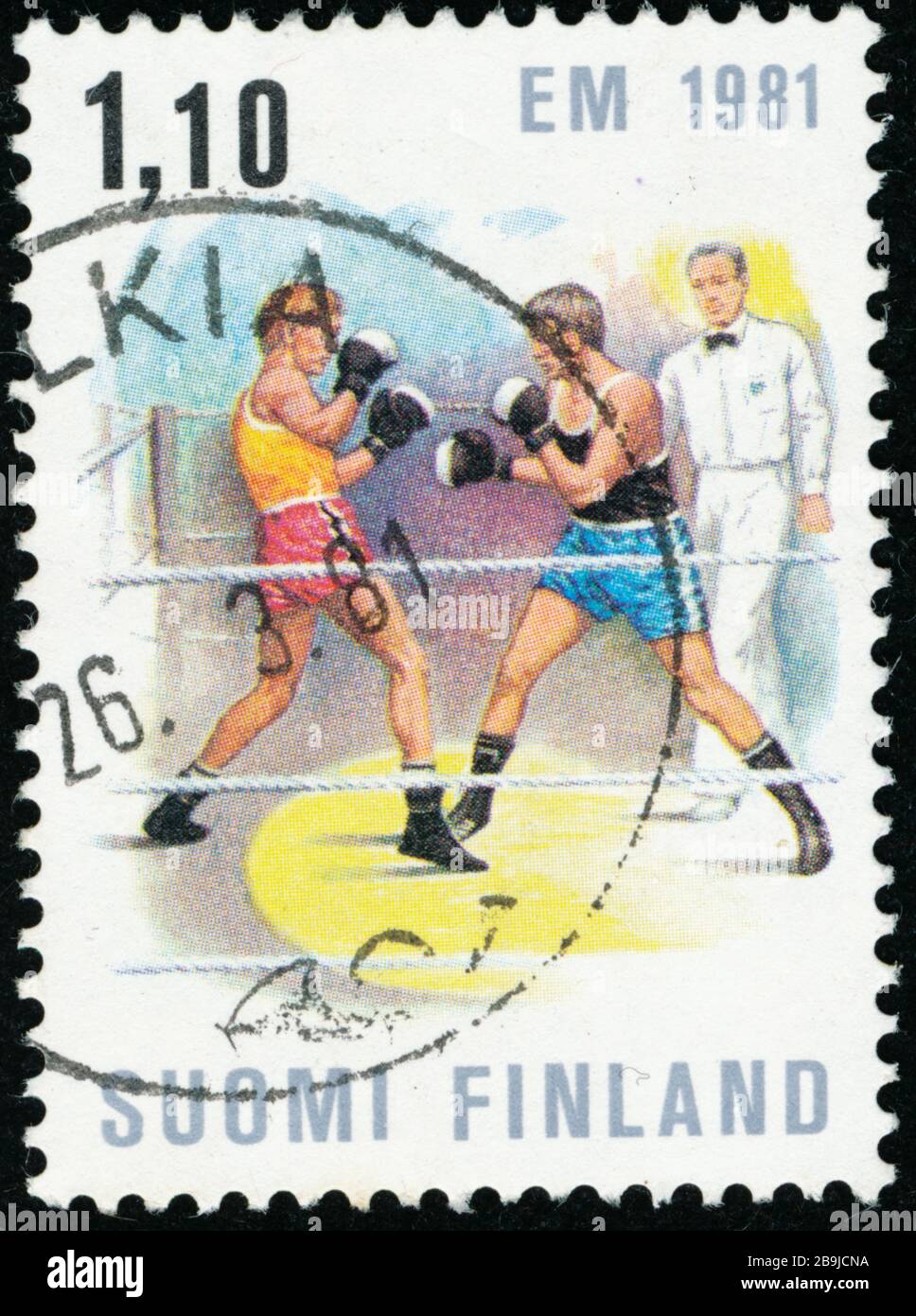 POLTAVA, UKRAINE - 24. März 2020. Vintage-Stempel, gedruckt in Finnland etwa 1981, zeigen die Boxeuropameister Stockfoto