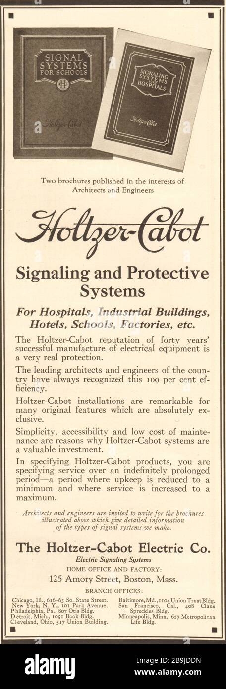 Signalisierungs- und Schutzsysteme. The Holtzer-Cabot Electric Co., 125 Amory Street, Boston, Massachusetts (1922) Stockfoto