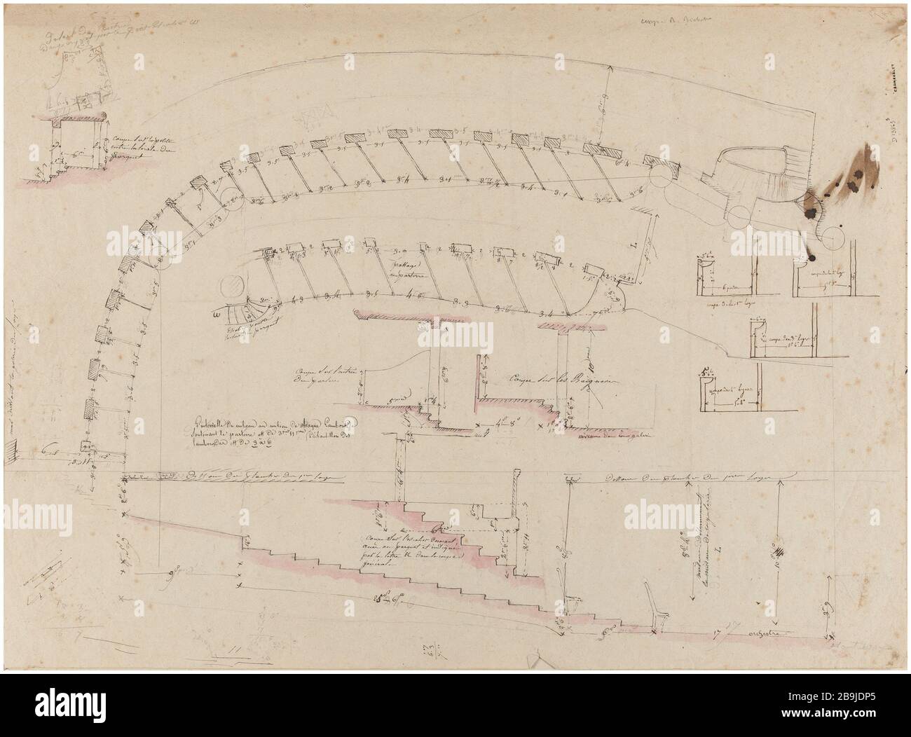 Royal Academy of Music: Planen und Abschnittswannen, am Eingang der Grube geschnitten, auf der Treppe zum Boden geschnitten, schneiden die Kisten, geschnitten auf den kleinen Holzböden am Seiteneingang. Charles Rohault de Fleury (1801-1875). Académie royale de musique: Plan et coupé des baignoires, coupé sur l'entrée du parterre, coupé sur l'escalier donnant accès au parett, coupés des loges, coupé sur la petite entrée latérale du parett. Crayon, Plume et encre noire, Lavis Rose. Paris, musée Carnavalet. Stockfoto