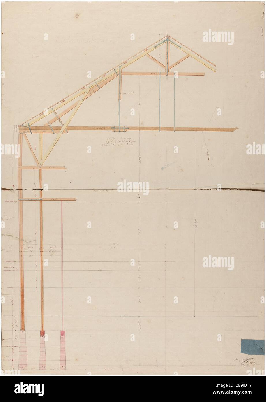 Royal Academy of Music: Den Rahmen mit Fundamenten schneiden. Charles Rohault de Fleury (1801-1875). Académie royale de musique: Coupé de la charpente avec Fondations. Pflaume et encre noire, lavis Rose, jaune, bleu, brun et Rose, Inschriften au crayon. Paris, musée Carnavalet. Stockfoto