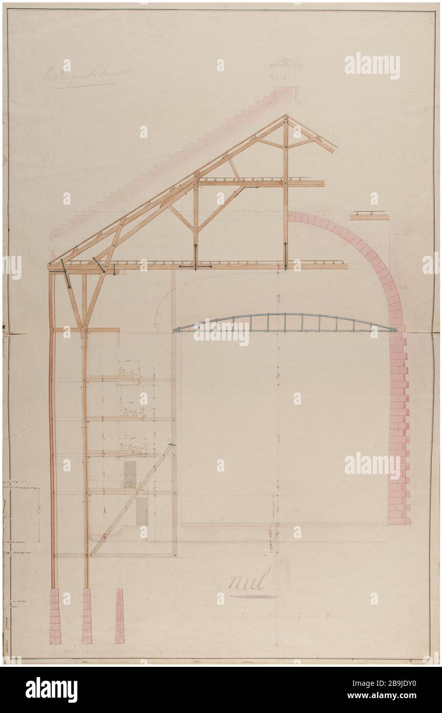 Royal Academy of Music: Den Rahmen mit Fundamenten schneiden. Charles Rohault de Fleury (1801-1875). Académie royale de musique: Coupé de la charpente avec Fondations. Crayon, Plume, encres noire et rouge, lavis Rose, gris, bleu et brun. Paris, musée Carnavalet. Stockfoto
