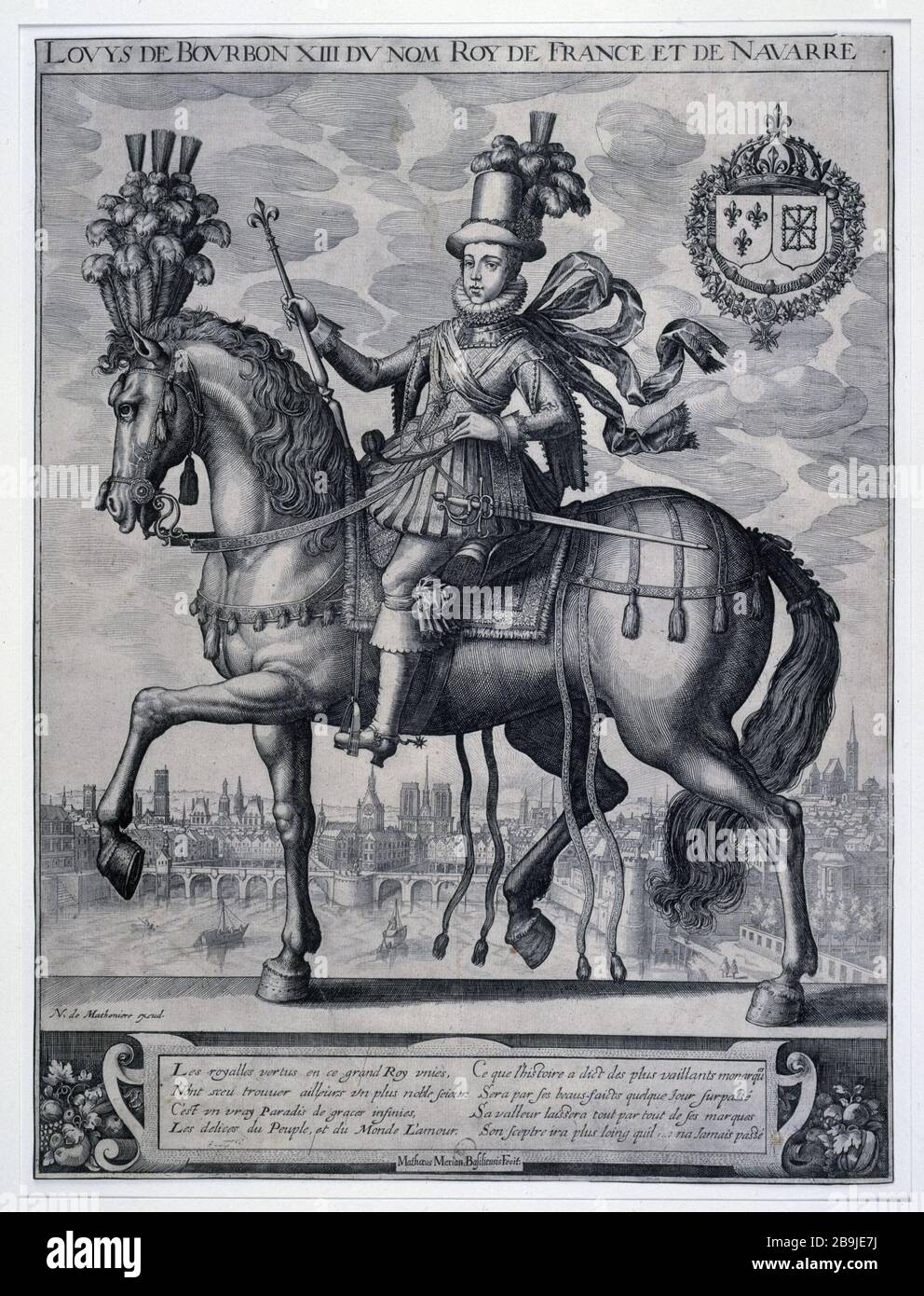 Ludwig XIII. Ernannte Bourbon-König von Frankreich und Navarra Nicolas de Mathonière (actif entre 1610 et 1622). "Louis de Bourbon XIII du nom ROI de France et de Navarra". Tiefdruck. Paris, musée Carnavalet. Stockfoto