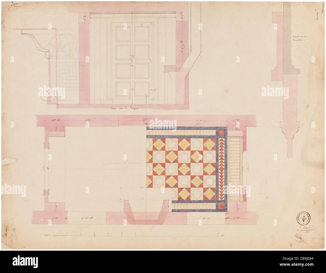 Royal Academy of Music: Parkett mit Muster, Höhe eines Tür- und Türrahmens. Charles Rohault de Fleury (1801-1875). Académie royale de musique: Motiv du parquet, élévation d'une porte et chambrille d'une porte. Crayon, plume et encre noire, lavis Rose, jaune, bleu et gris. Paris, musée Carnavalet. Stockfoto