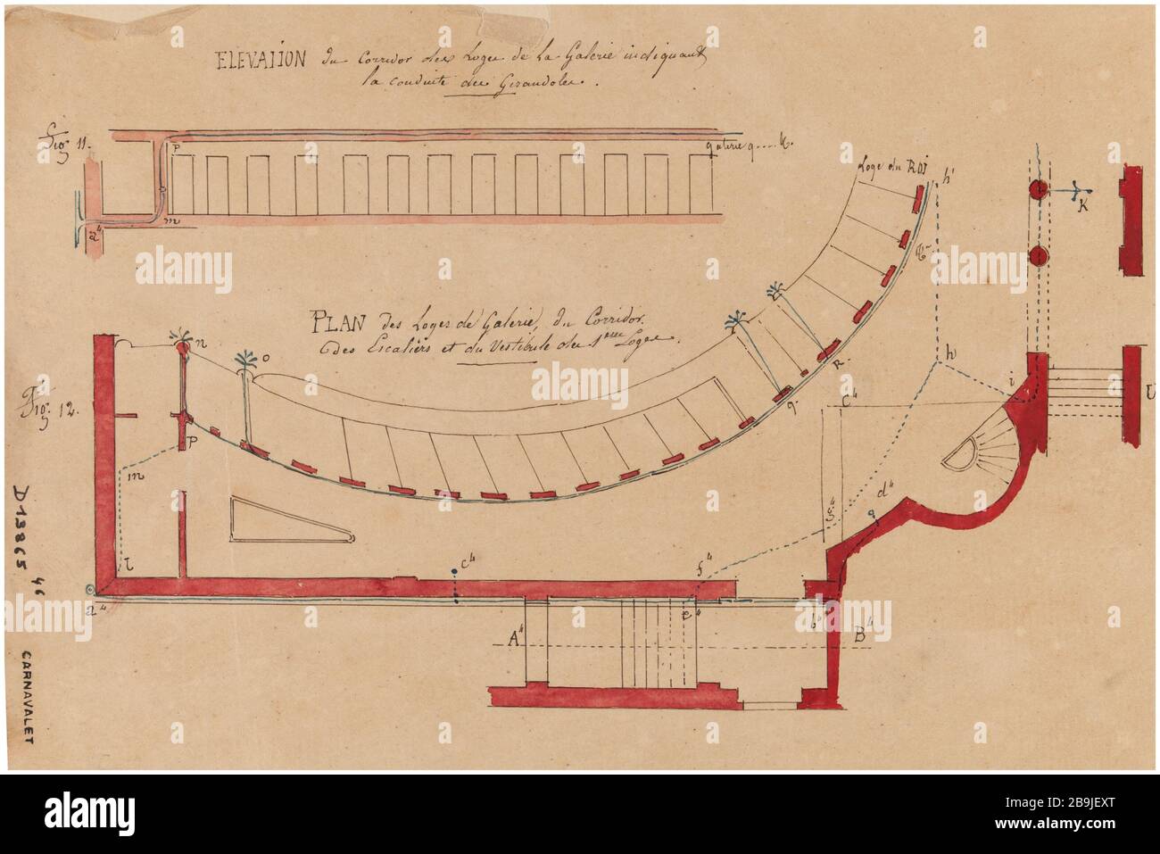 Royal Academy of Music: Erhöhte Korridor-Umkleidekabinen der Galerie und Karte der Logen der Galerie, des Korridors, der Treppe und des Diele der vorderen Reihe. Charles Rohault de Fleury (1801-1875). Académie royale de musique : élévation du corridor des loges de la galerie et Plan des loges de la galerie, du corridor, des escaliers et du vestibule des premières loges. Plume et encre noire, lavis rouge, Rose et bleu sur Papier calque. Paris, musée Carnavalet. Stockfoto