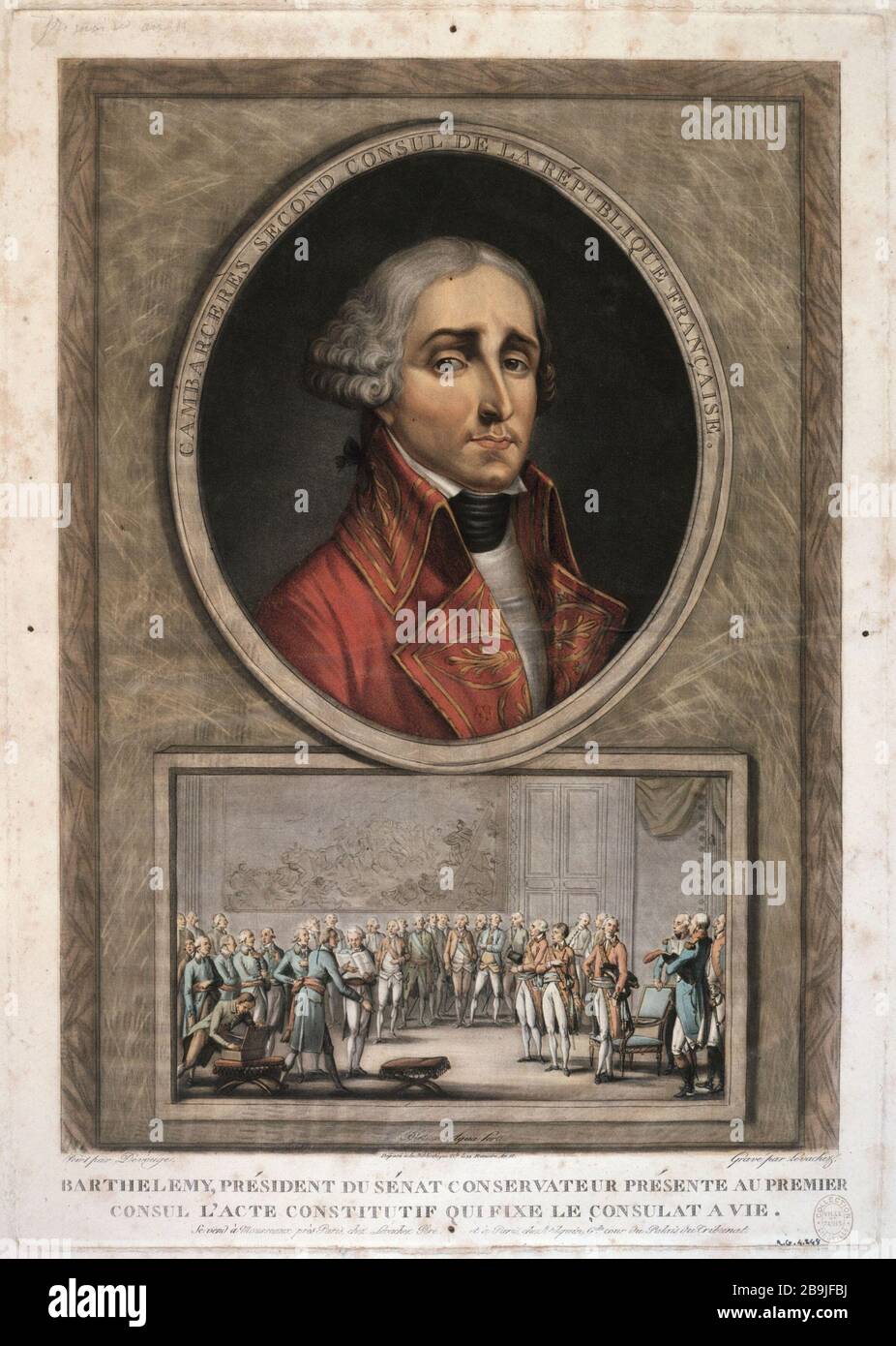 CAMBACERES ZWEITER CONSUL DER FRANZÖSISCHEN REPUBLIK - BARTHELEMY, KONSERVATIVER PRÄSIDENT DES SENATS, DIESER ERSTE CONSUL DIE VERFASSUNG, DIE DAS KONSULAT AUF LEBENSZEIT LEVACHEZ ANGIBT. "Cambacérès zweiter Consul de la République Française". "Barthélémy, Président du Sénat Conservateur, présente au Premier Consul, l'acte constitutif qui fixe le Consulat à vie". Paris, musée Carnavalet. Stockfoto