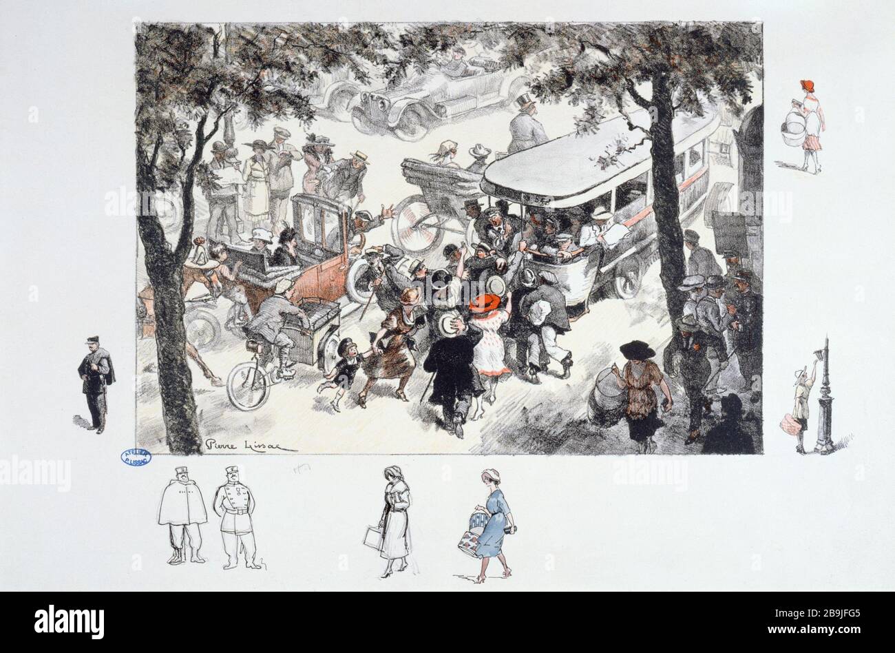 KISS - DER AUFSTIEG IM BUS 'La Montée dans l'Autobus', Gravure de Pierre Lissac, dit Kiss. Paris, musée Carnavalet. Stockfoto