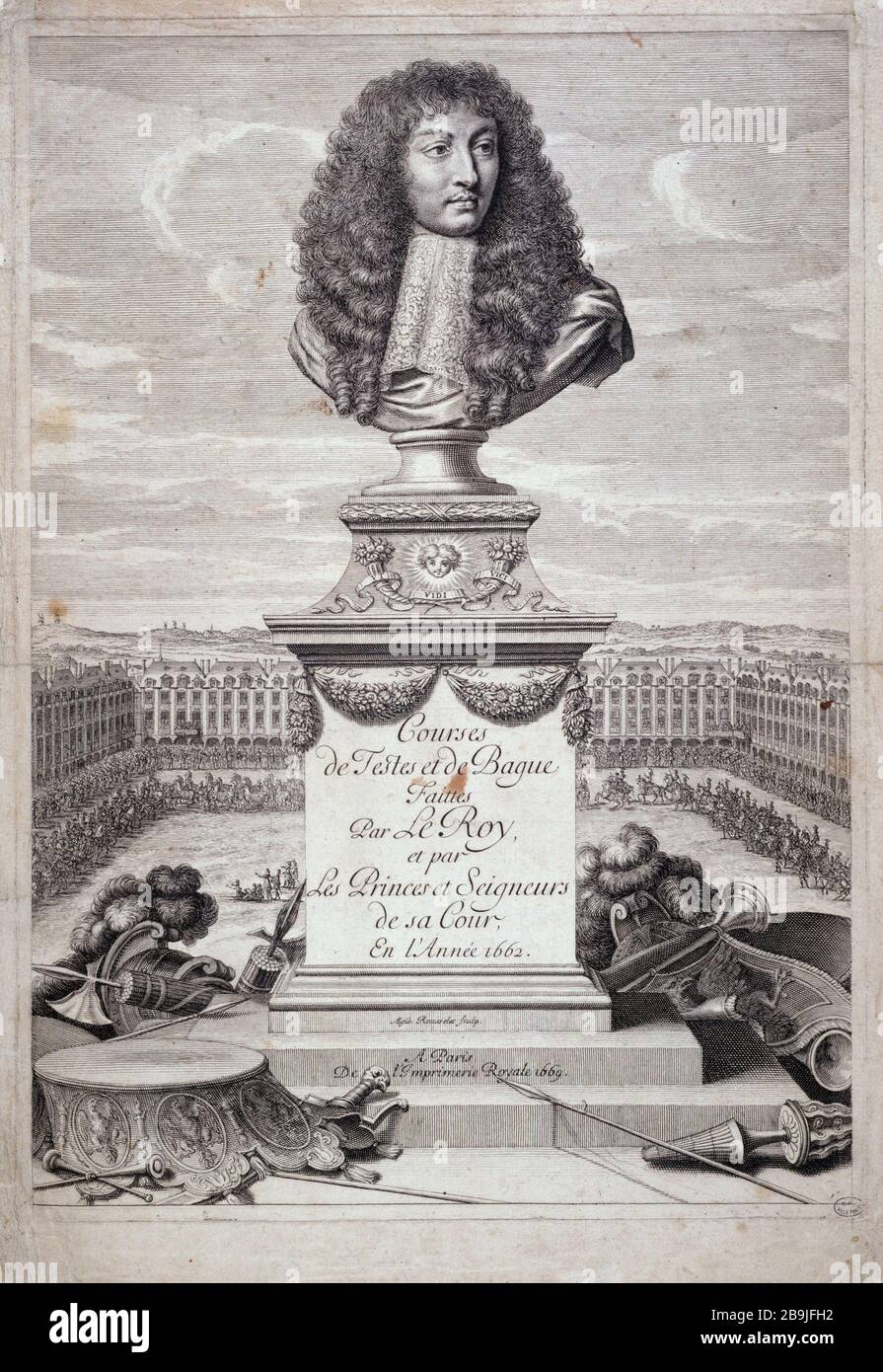 RASSE UND GETESTET DEBAGUES DURCH DEN KÖNIG UND DIE FÜRSTEN UND HERREN SEINES GERICHTS "courses de testes et de bague faites par le ROI et par les Princes et seigneurs de sa cour, en l'année 1662". Tiefdruck de Rousselet. Paris, musée Carnavalet. Stockfoto
