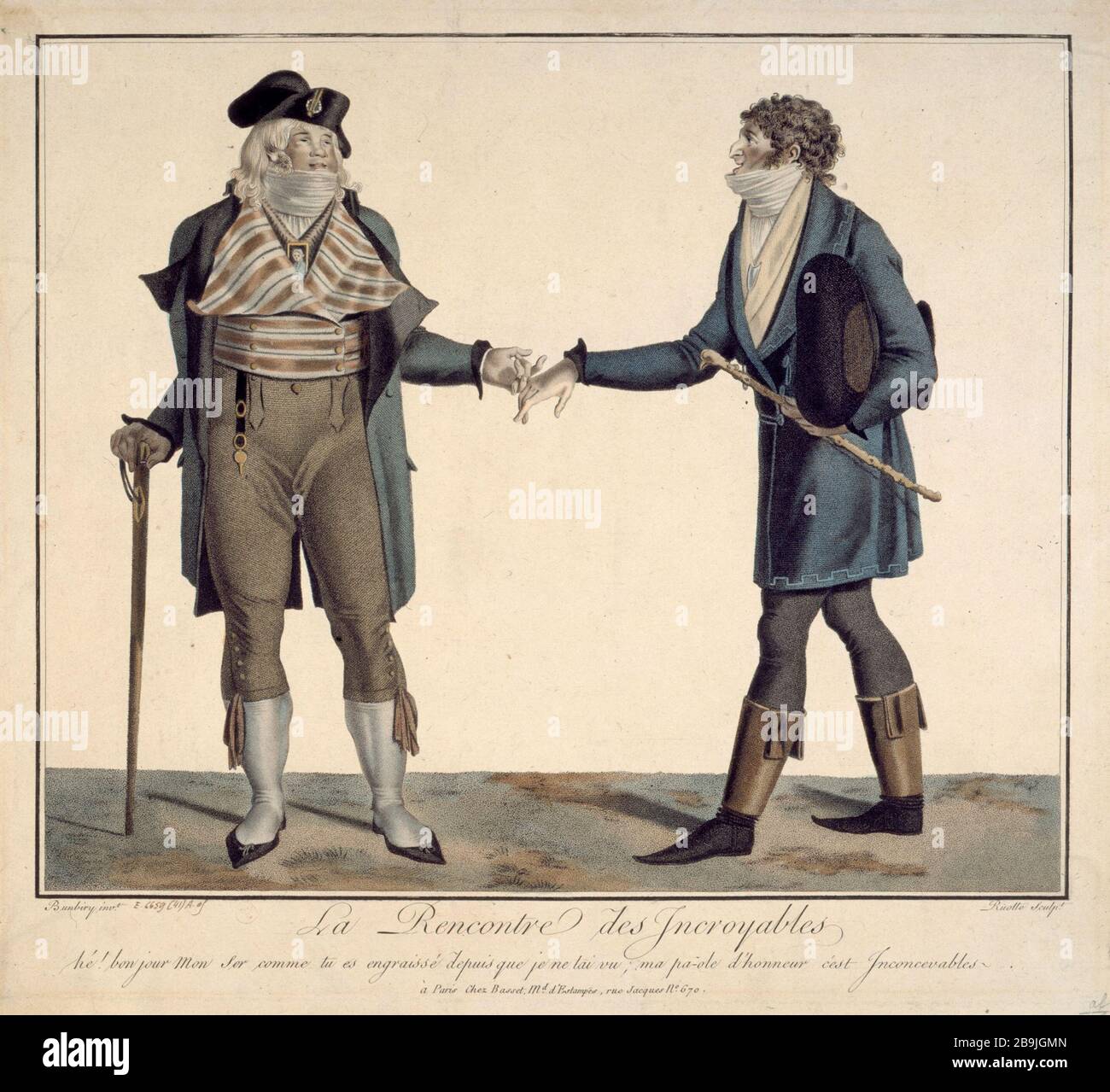 LERNEN SIE DAS UNGLAUBLICHE "La rencontre des Incroyables", époque Directoire, kennen. Tiefdruck de Louis Ruotte (1754-1806). Paris, musée Carnavalet. Stockfoto