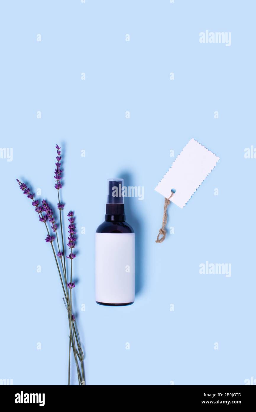 Werbebild. Glassprühflasche auf blauem Hintergrund, umgeben von Lavendel. Stockfoto