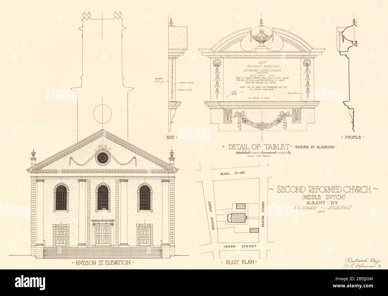 Second Reformed Church, Albany, New York. Tablettdetails, Beaver und Hudson Street, Grundriss. Wiederhergestellt von John L. Dykeman, 1918 (1919) Stockfoto