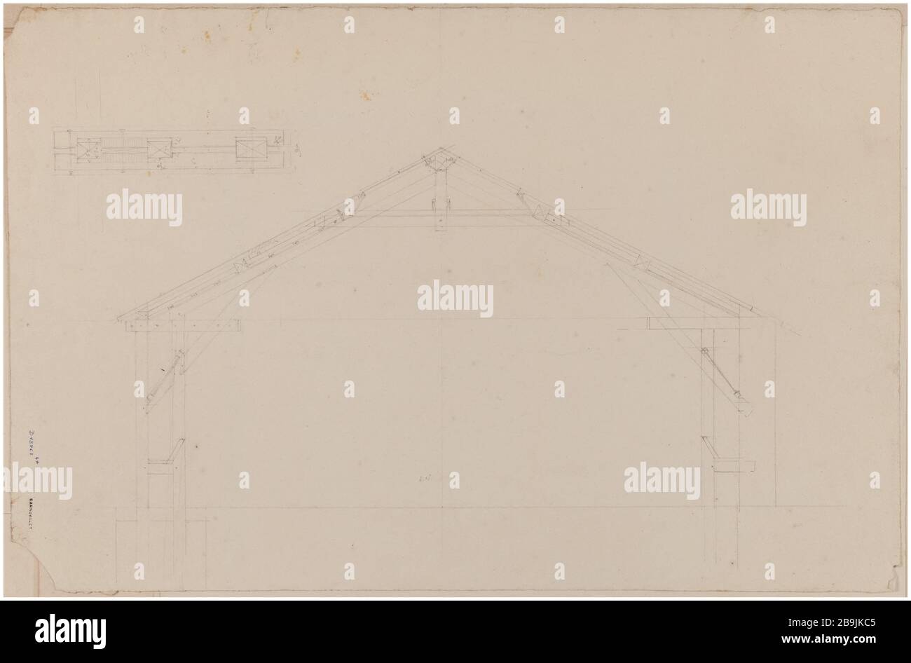 Baracke Street Tournon Teil eines Stalls, Teil eines Teams im Rückflugzeug. Charles Rohault de Fleury (1801-1875), Dessinateur. Album de 72 dessins d'Architecture. Caserne rue de Tournon: Coupe d'une charpente et détail d'une écurie; partie d'un Plan d'écurie au verso. Krebse. Paris, musée Carnavalet. Stockfoto