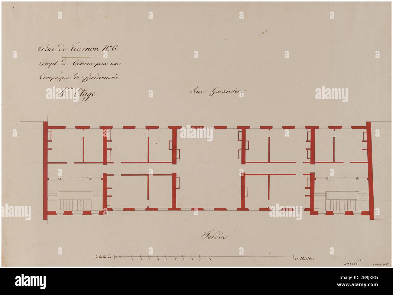 Baracke rue de Tournon: Karte aus der vierten Etage des Gebäudes zwischen Garten und Straße Garancière. Charles Rohault de Fleury (1801-1875), Dessinateur. Album de 72 dessins d'Architecture. Caserne rue de Tournon: Plan du quatrième étage du bâtiment entre le jardin et la rue Garancière. Plume et encre noire, lavis rouge. Paris, musée Carnavalet. Stockfoto