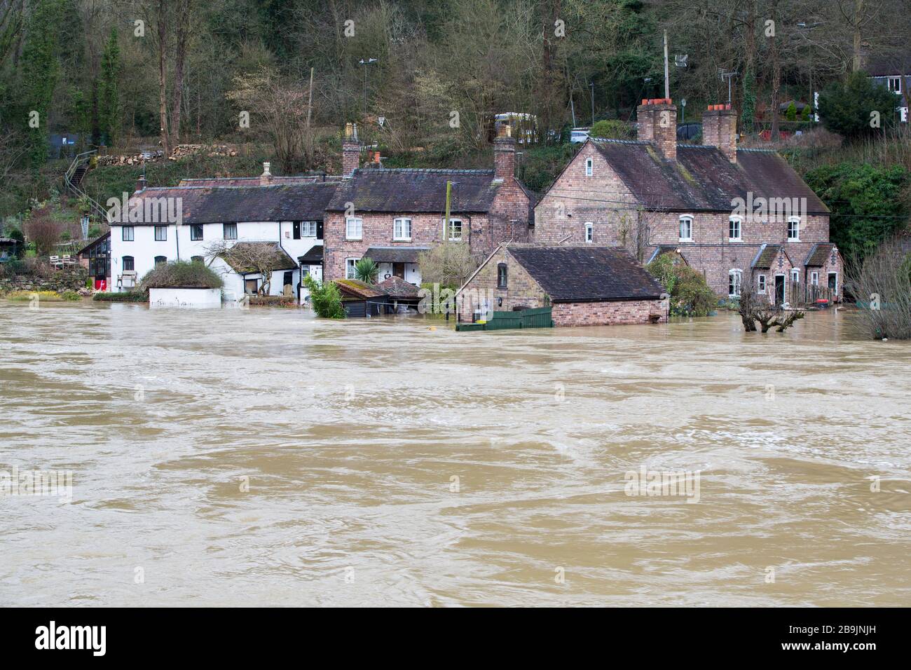 Überschwemmte Häuser in Ironbridge in Shropshire, wo der Fluss Severn nach dem nassesten Februar in Großbritannien, Febr, unter starken Hochwasserbedingungen stand Stockfoto