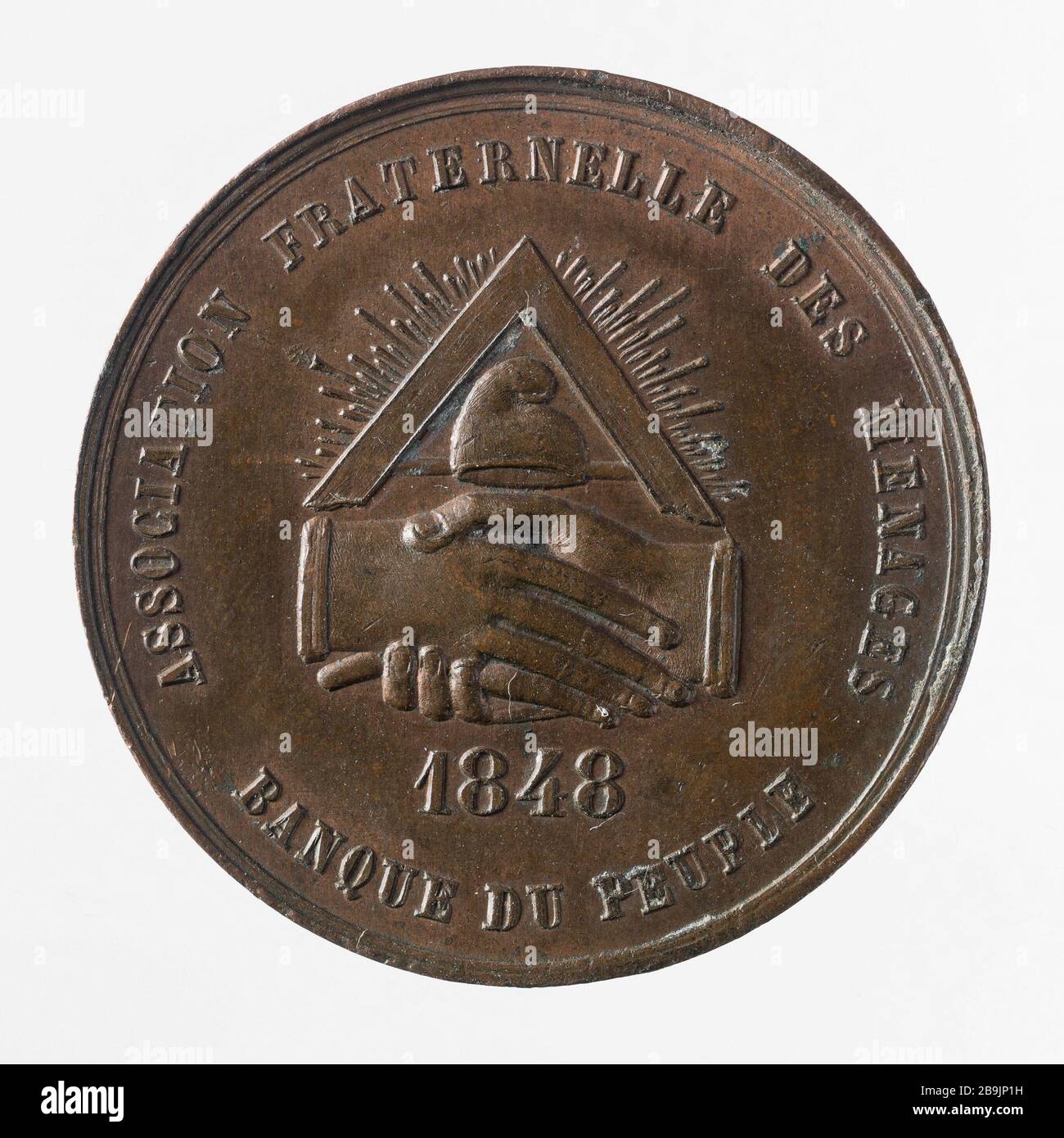 Insbesondere wird das 5-Franken-Stück vom Verband der Haushalte, der Volksbank, 1848 Essai particulier de la pièce de 5 Francs par l'Association des Ménages, banque du peuple, getestet. Cuivre. 1848. Paris, musée Carnavalet. Stockfoto