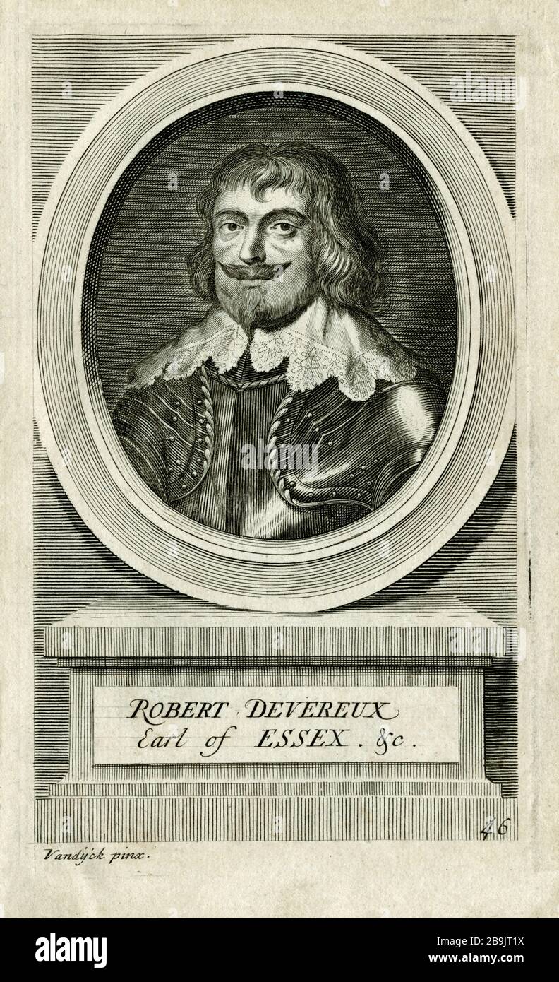 Robert Devereux (1591-1646), 3. Earl of Essex und Parlamentarischer General während des ersten Englischen Bürgerkriegs. Die Gravur wurde in den 1700er Jahren von einem unbekannten Gravierer aus einem Originalporträt von Sir Anthony van Dyck (1599-1641) erstellt. Stockfoto