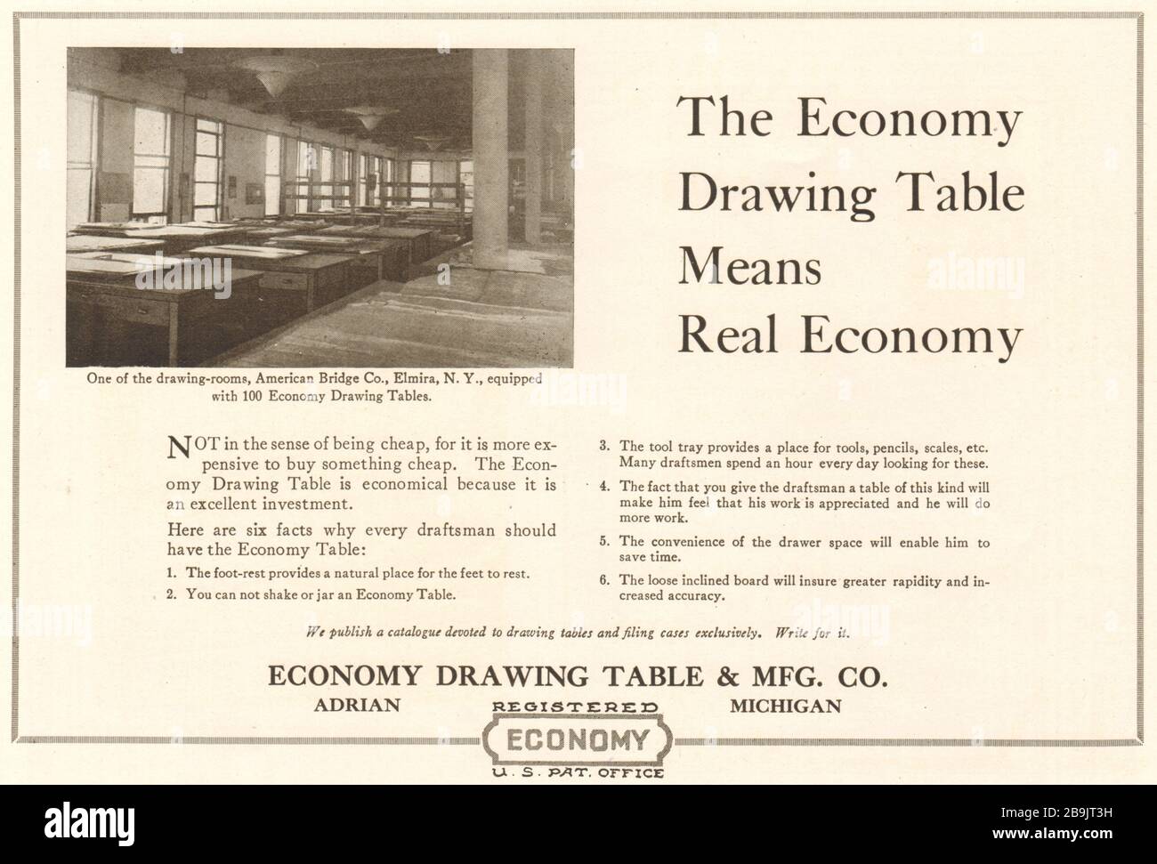 Die Tabelle der wirtschaftlichen Ziehung bedeutet Realwirtschaft. Zeichenraum, American Bridge, Co., Elmira, New York. Tabelle Und Fertigung Der Wirtschaftlichen Zeichnung. Co (1921) Stockfoto