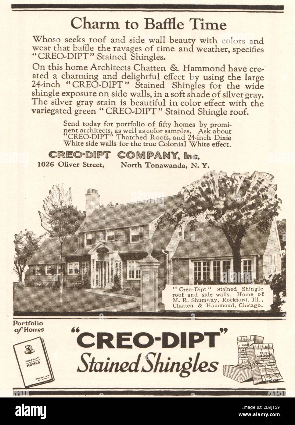 Sitz von M.R. Shumway, Rockford, Illinois, Chatten & Hammond, Chicago. Creo-Dipt Company, Inc. 1026 Oliver Street, North Tonawanda, New York (1921) Stockfoto