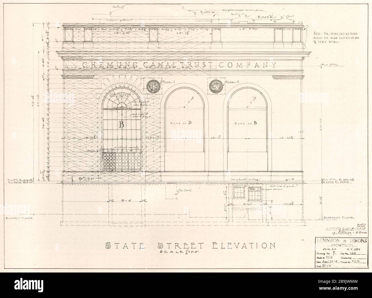 Die Chemung Canal Trust Company, Elmira, New York. Pläne. Dennison & Hirons, Architekten (1922) Stockfoto