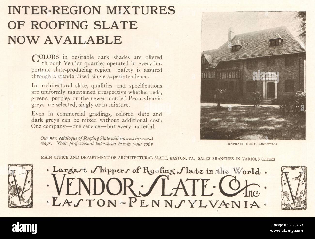 Regionenübergreifende Mischungen aus Dachschiefer sind jetzt erhältlich. Raphael Hume, Architekt. Vendor Slate Co., Easton, Pennsylvania (1922) Stockfoto